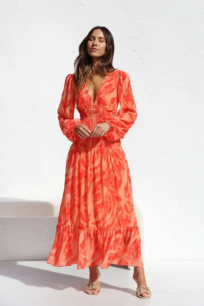 Orange Floral Long Sleeves Midi Dress