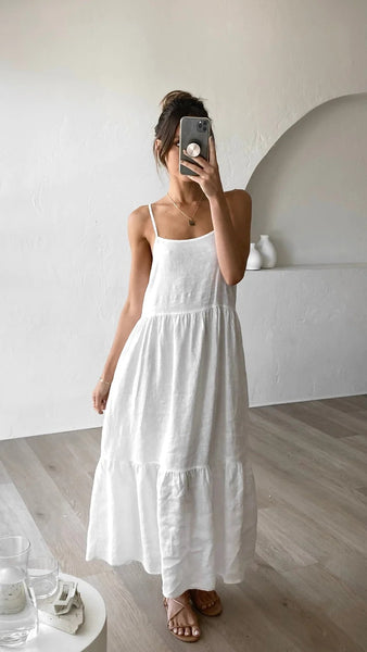 White Solid Slip Midi Dress