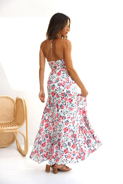 Pink Floral Halter Midi Dress