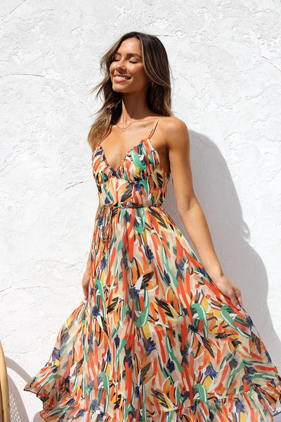 Multiclor Print Slip Midi Dress