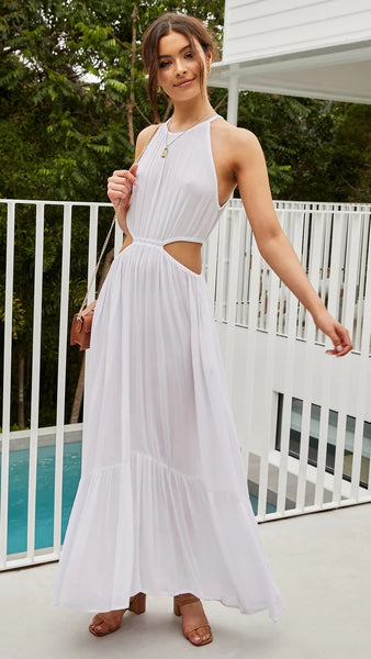 White Cutout Waist Midi Dress