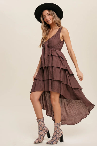 Brown Tiered Ruffle Midi Dress