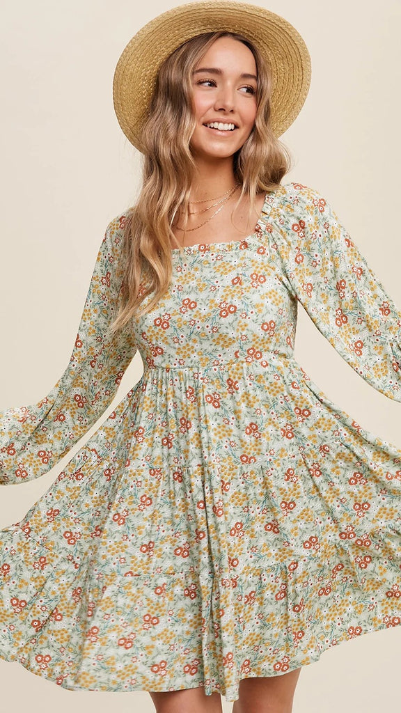 Green Floral Long Sleeves Mini Dress