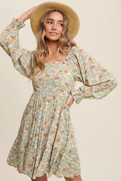 Green Floral Long Sleeves Mini Dress