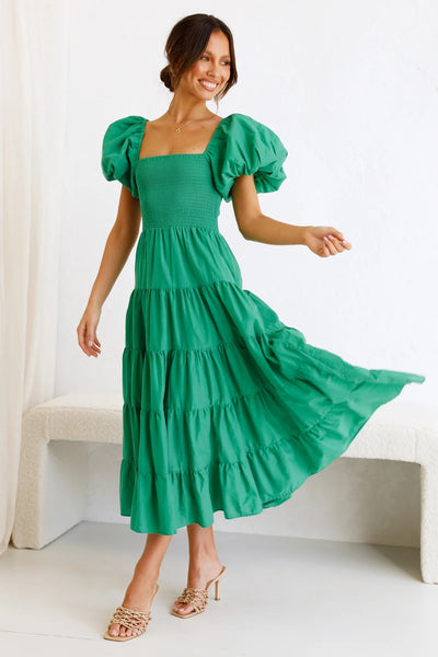Green Square Neckline Tiered Midi Dress