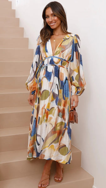 Blue Multicolor Print Long Sleeves Midi Dress