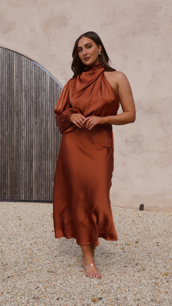 Esther One Shoulder Long Sleeve Dress - Copper