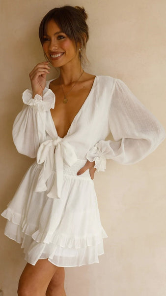 White Long Sleeves Bowknot Mini Dress
