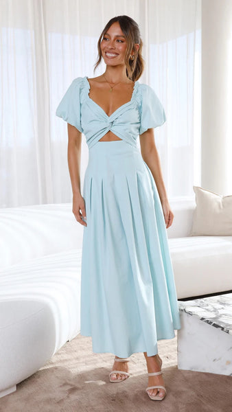 Light Blue Front Twist Midi Dress