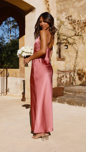 Dusty Pink Satin Maxi Dress