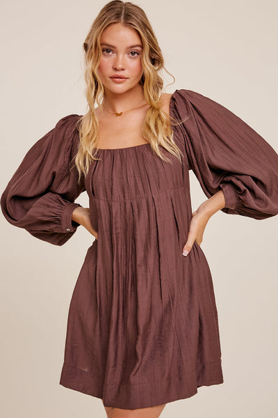Pleated Square Neck Babydoll Dress