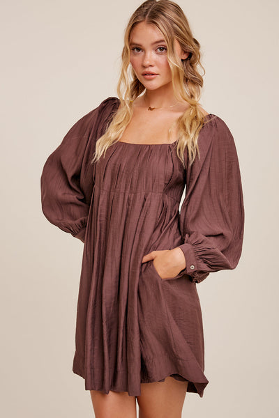 Pleated Square Neck Babydoll Dress