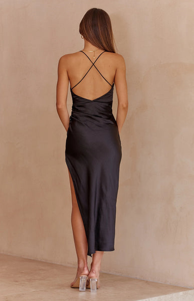 Black Surplice Satin Midi Dress