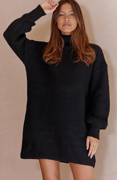 Black Knit Long Sleeves Mini Dress