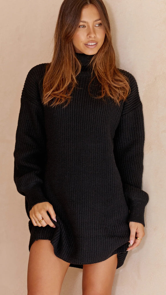 Black Knit Long Sleeves Mini Dress