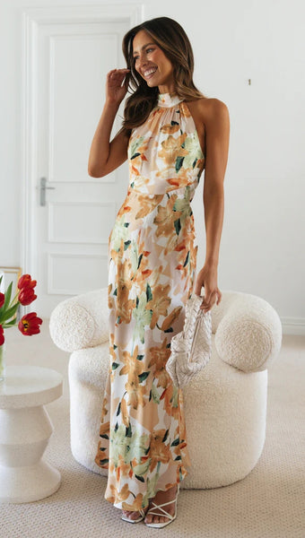 Yellow Floral Satin Halter Maxi Dress