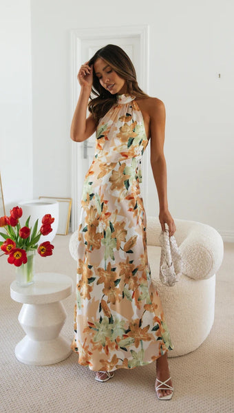 Yellow Floral Satin Halter Maxi Dress