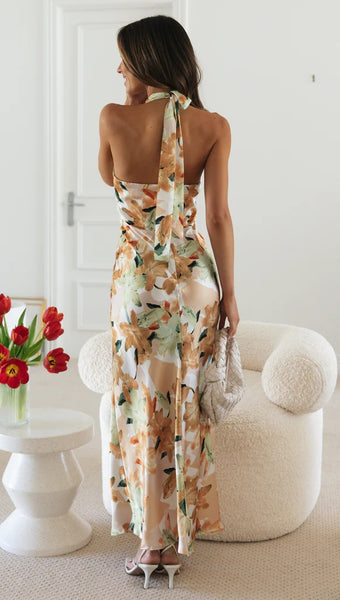 Yellow Floral Satin Halter Maxi Dress