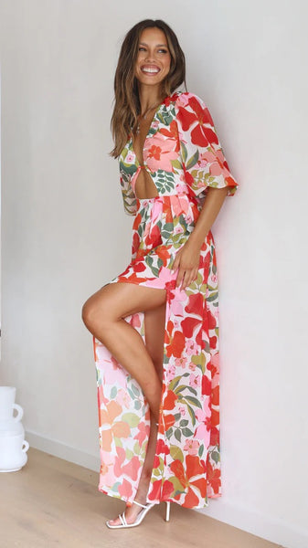 Red Floral High Slit Maxi Dress