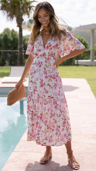 Pink Floral Midi Dress