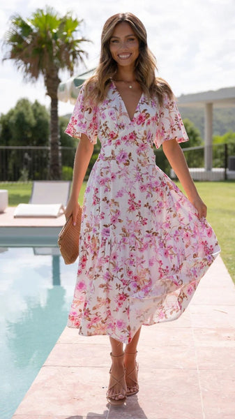 Pink Floral Midi Dress