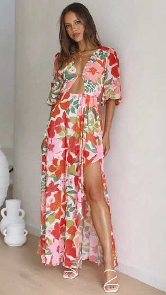 Red Floral High Slit Maxi Dress