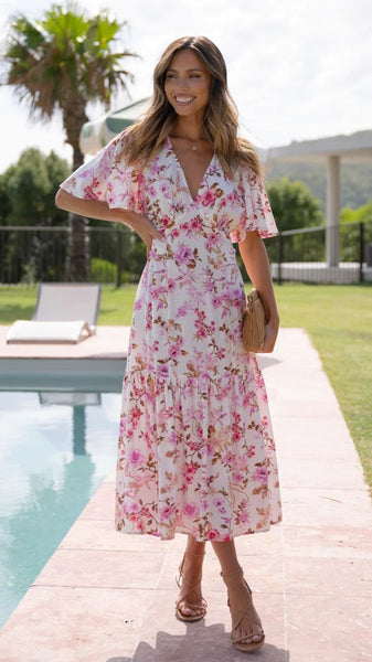 Pink Floral Midi Dress