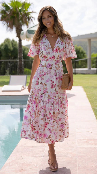 Pink Floral Midi Dress