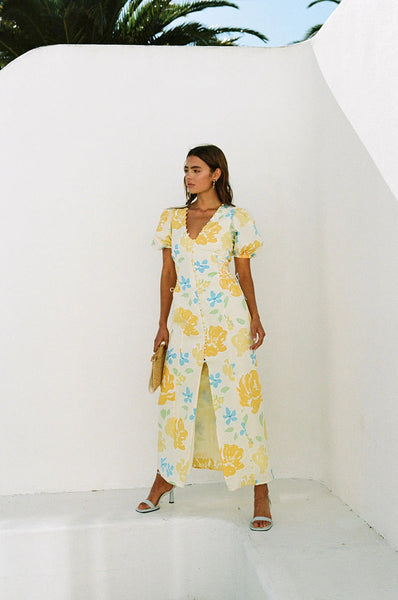 Yellow Floral High Slit Midi Dress