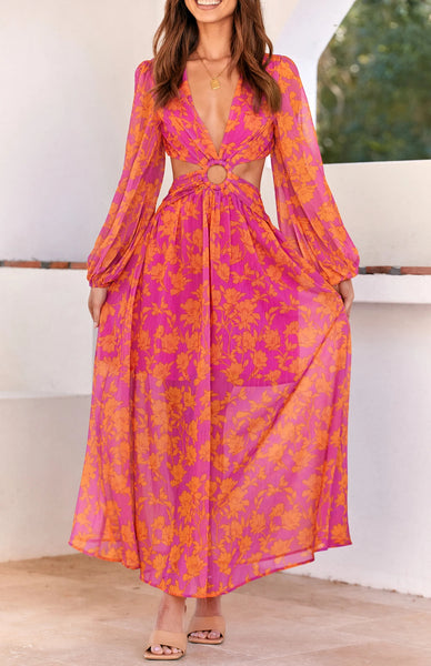 Orange Floral Long Sleeves Midi Dress