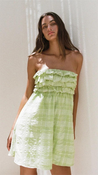 Green Plaid Bandeau Mini Dress