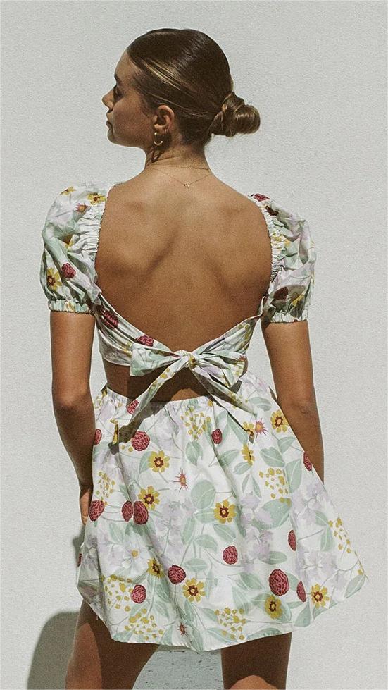 Green Floral Backless Mini Dress