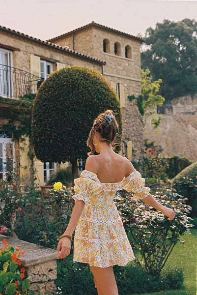 Yellow Floral Off Shoulder Mini Dress