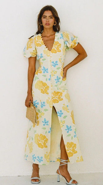 Yellow Floral High Slit Midi Dress