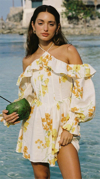 Yellow Floral Cold Shoulder Mini Dress