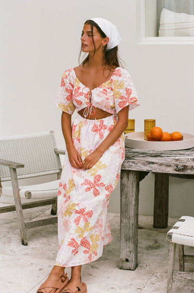 Pink Floral Front Tie Midi Dress