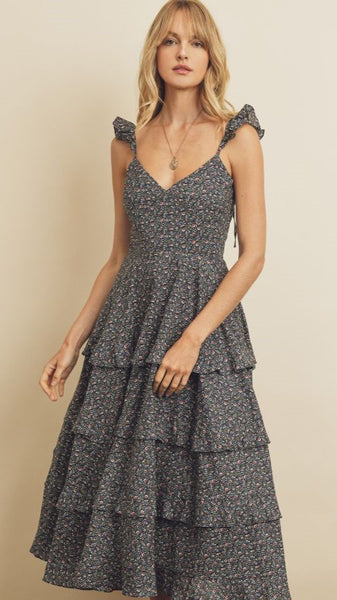 Navy Floral Sleeveless Midi Dress
