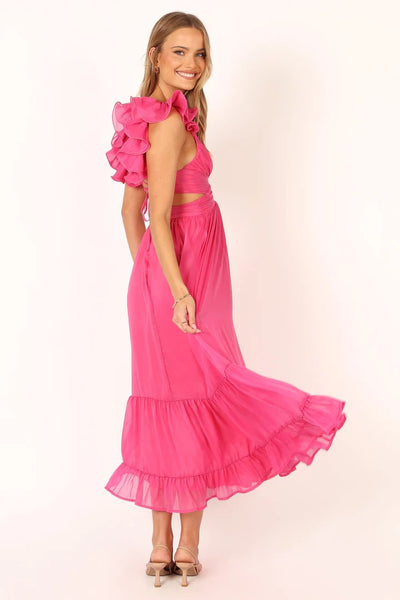Hot Pink Ruffle Shoulder Midi Dress