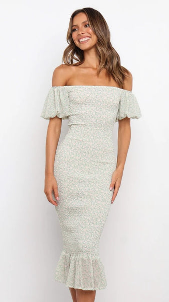 Mint Green Floral Bodycon Midi Dress