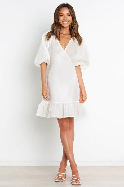 White Surplice Wrap Mini Dress