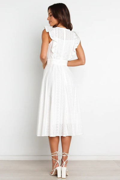 White Ruffle Detail Midi Dress