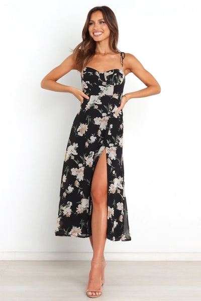 Black Rose Print Midi Dress