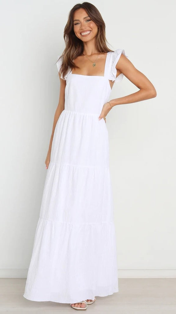 White Solid Square Neckline Maxi Dress