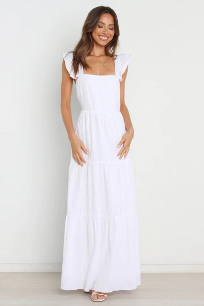 White Solid Square Neckline Maxi Dress