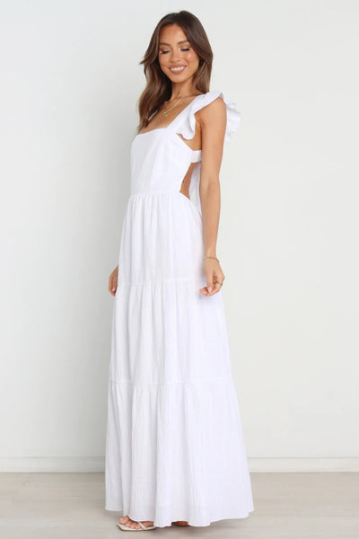 White Solid Square Neckline Maxi Dress
