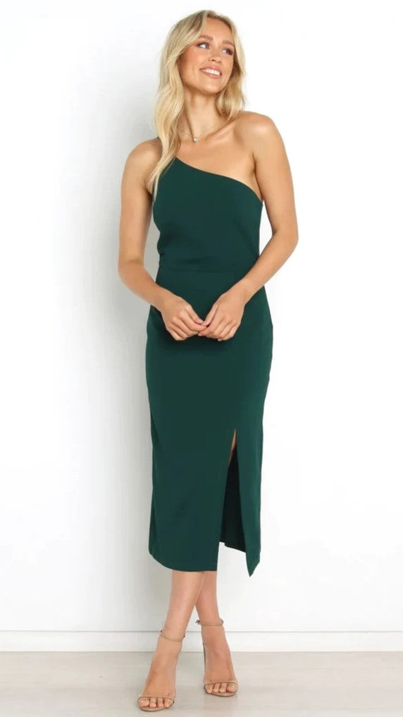 Green One Shoulder Midi Dress