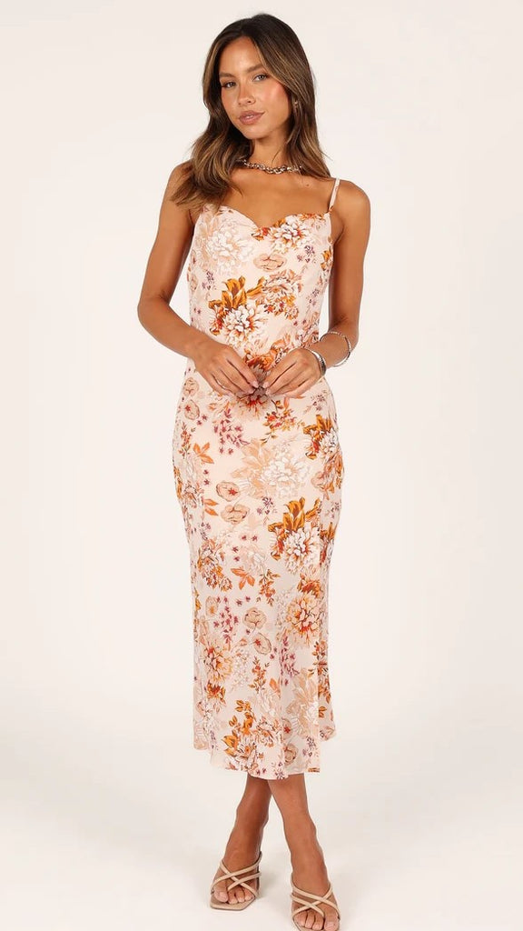 Orange Floral Slip Midi Dress