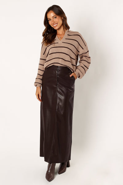 Bexley Collared Striped Knit Sweater - Mocha Brown