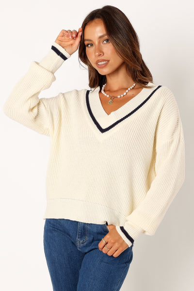 Dominique Contrast Vneck Knit Sweater - Ivory/Navy