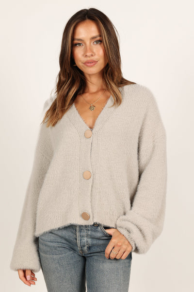 Willow Fuzzy Large Button Cardigan - Light Grey